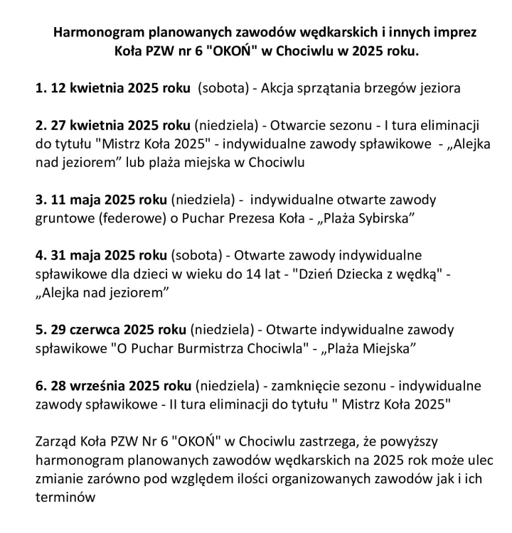 Harmonogram planowanych zawodów wędkarskich 2025