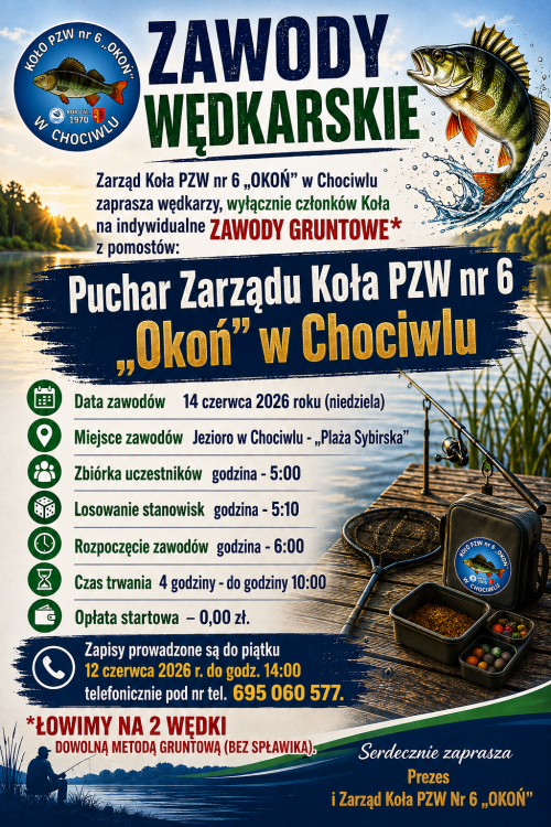 Zapraszamy na zawody gruntowe dla członków Koła PZW nr 6 "Okoń" w Chociwlu