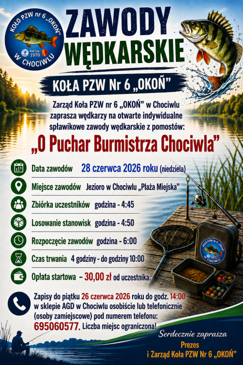 Zapraszamy na zawody wędkarskie o Puchar Burmistrza Chociwla